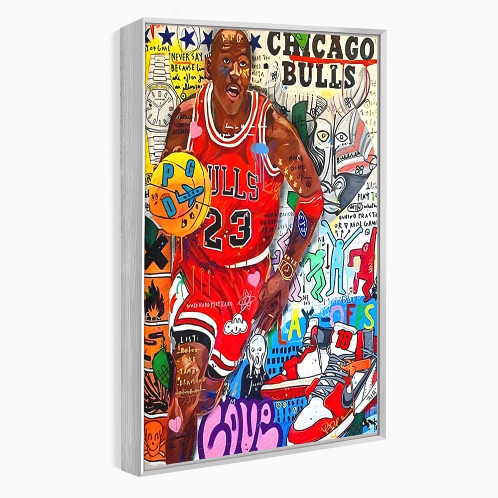 Tablou canvas cu tablou canvas cu michael jordan in stil graffiti, in rama de aluminiu argintiu